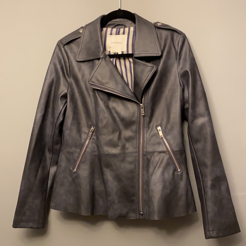 Anthropologie Gray Peplum Faux Leather Jacket
